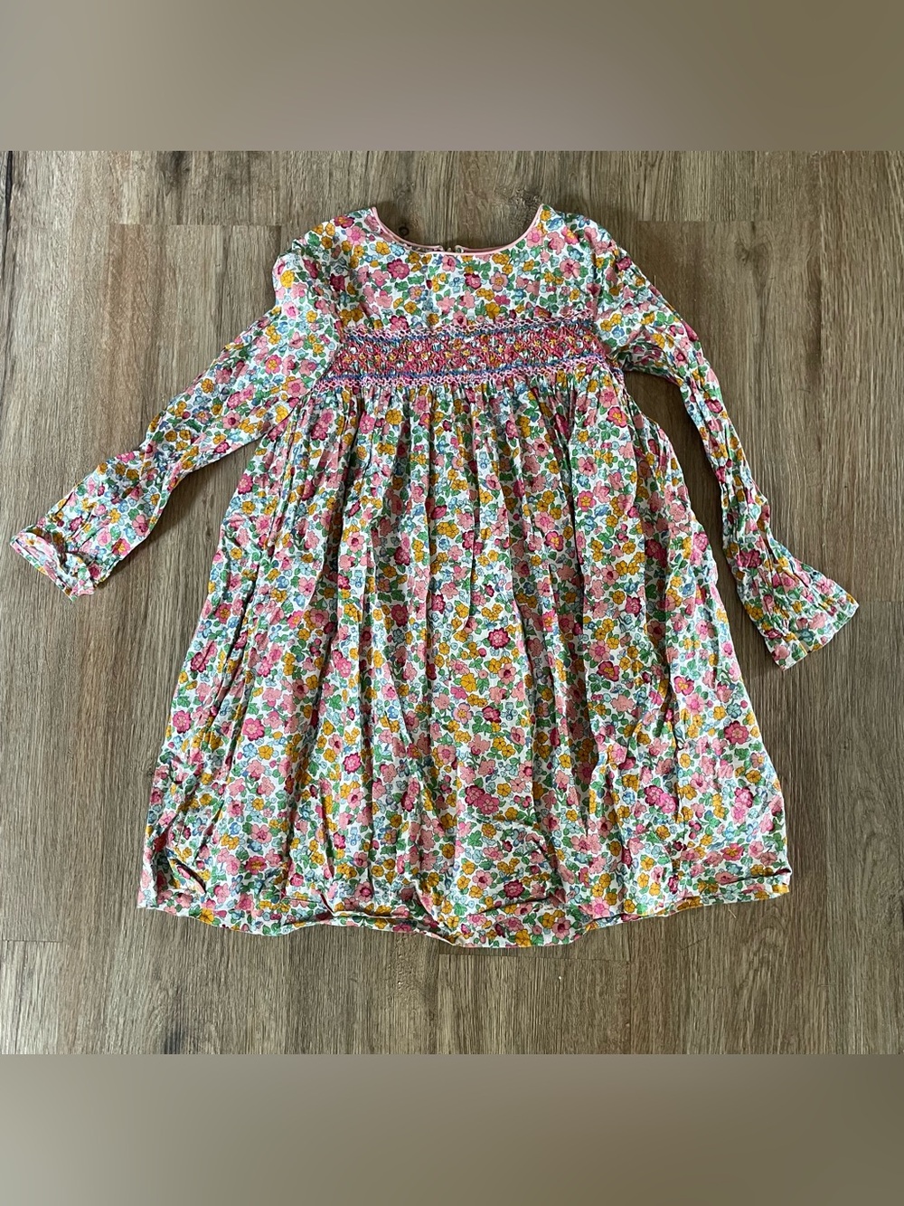 Mini Boden Floral Smocked Long-Sleeve Kids Dress - Pink & Multi